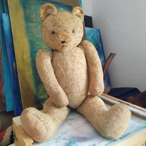 Vintage szalma mackó, Antik brummogó maci, Vintage gyűjtői szalmával tömött mackó, Antik világos színű teddy maci - játék & sport - plüssállat & játékfigura - maci - Meska.hu