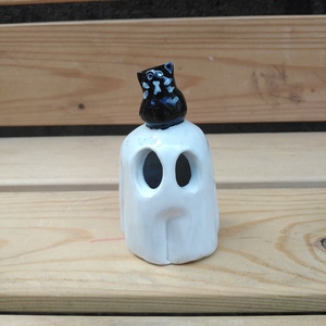 Szellem cicával, Otthon & Életmód, Dekoráció, Halloween, Halloweeni asztaldísz, Agyagozás, Kerámia, MESKA