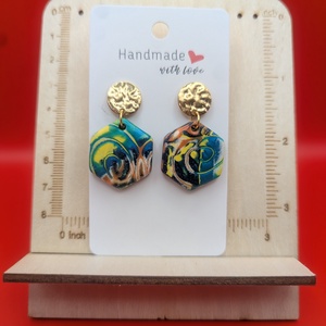 Kézműves fülbevaló polimer gyurmából (polymer clay) - hatszög - 070, Ékszer, Fülbevaló, Lógó fülbevaló, Ékszerkészítés, Gyurma, MESKA
