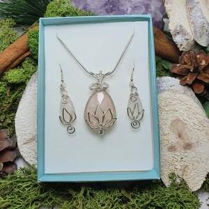 Drótékszer szett rózsakvarccal - ékszer - ékszerszett - Meska.hu