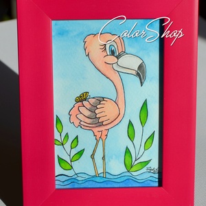 Cuki flamingó - eredeti akvarell keretben ajándékkal! 19,7x14,5 cm -  - Meska.hu