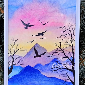 Hajnal a hegyekben - eredeti akvarell - művészet - festmény - akvarell - Meska.hu