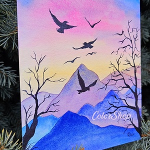 Hajnal a hegyekben - eredeti akvarell - művészet - festmény - akvarell - Meska.hu