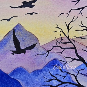 Hajnal a hegyekben - eredeti akvarell - művészet - festmény - akvarell - Meska.hu