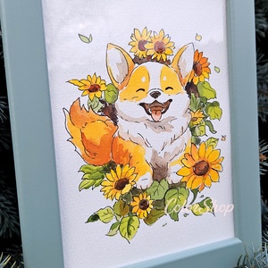 Corgi kutyi napraforgók közt - eredeti akvarell - művészet - festmény - akvarell - Meska.hu