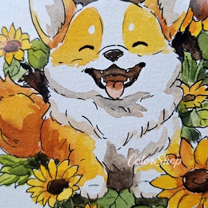 Corgi kutyi napraforgók közt - eredeti akvarell, Művészet, Festmény, Akvarell, Fotó, grafika, rajz, illusztráció, Festészet, MESKA