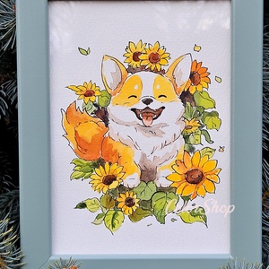 Corgi kutyi napraforgók közt - eredeti akvarell - művészet - festmény - akvarell - Meska.hu