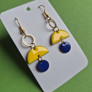 Sárga-kék zománc lógós fülbevaló , Ékszer, Fülbevaló, Lógó fülbevaló, Ékszerkészítés, MESKA