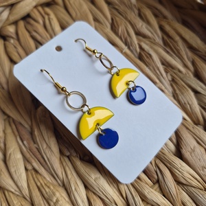 Sárga-kék zománc lógós fülbevaló  - ékszer - fülbevaló - lógó fülbevaló - Meska.hu