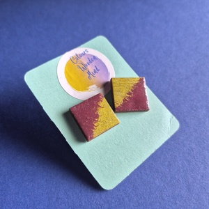 Bordó-arany négyzetes fa bedugós fülbevaló  - ékszer - fülbevaló - pötty fülbevaló - Meska.hu