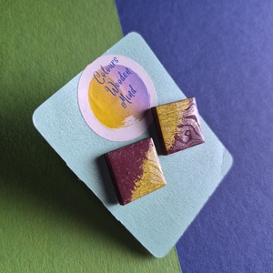 Bordó-arany négyzetes fa bedugós fülbevaló  - ékszer - fülbevaló - pötty fülbevaló - Meska.hu