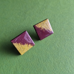 Bordó-arany négyzetes fa bedugós fülbevaló , Ékszer, Fülbevaló, Pötty fülbevaló, Ékszerkészítés, Famegmunkálás, MESKA