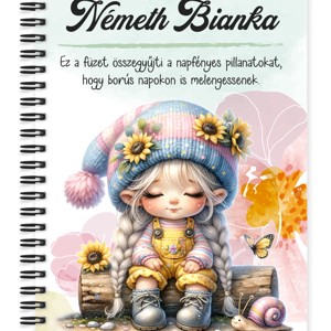 Személyre szabható - Cuki csigás napraforgós manó lány mintás A5-ös füzet, Otthon & Életmód, Papír, írószer, Jegyzetfüzet & Napló, , MESKA
