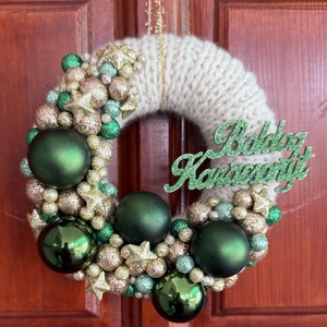 Zöld - arany ajtódísz, Karácsony, Adventi díszek, Adventi ajtódísz, Mindenmás, Kötés, MESKA