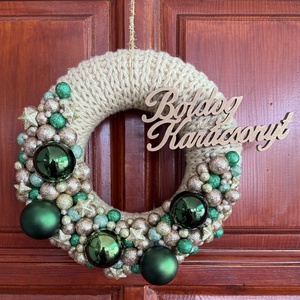 Zöld - arany ajtódísz, Karácsony, Adventi díszek, Adventi ajtódísz, Mindenmás, Kötés, MESKA