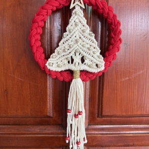 Piros - fehér makramé kopogtató, Karácsony, Adventi díszek, Adventi ajtódísz, Csomózás, MESKA