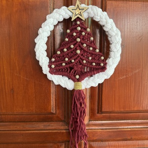 Bordó - fehér makramé kopogtató, Karácsony, Adventi díszek, Adventi ajtódísz, Csomózás, MESKA