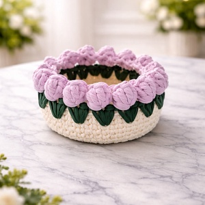 Rózsaszín tulipános horgolt kosár - Meska.hu