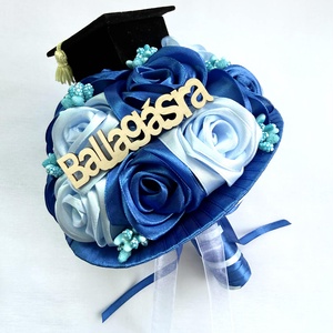Sötétkék ballagási csokor, Otthon & Életmód, Virágdekoráció, Virágok, Virágcsokor, Varrás, Világos és sötétkék szalagból varrtam a rózsákat.
A virágok közé "Ballagásra" feliratú táblát ragas..., MESKA