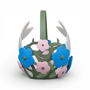 Virágos húsvéti tojásgyűjtő kosár fehér nyuszikkal - ünnepi díszek, dekorációk - húsvéti díszek és dekorációk - húsvéti virágos díszek - Meska.hu