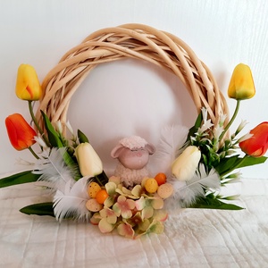 Húsvéti kopogtató báránykával, Otthon & Életmód, Dekoráció, Ajtódísz & Kopogtató, Ajtó- és ablak dekoráció, Virágkötés, MESKA