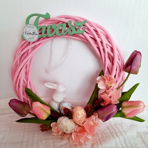 Húsvéti kopogtató fehér kerámianyuszival, Otthon & Életmód, Dekoráció, Ajtódísz & Kopogtató, Ajtó- és ablak dekoráció, Virágkötés, MESKA