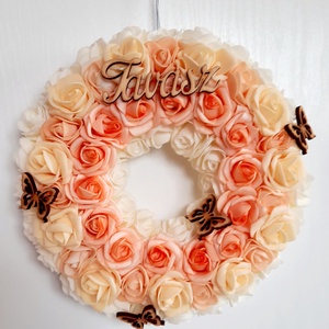 Rózsás kopogtató tavasz felirattal, Otthon & Életmód, Dekoráció, Ajtódísz & Kopogtató, Ajtó- és ablak dekoráció, Virágkötés, MESKA