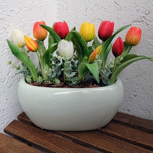 Tulipános asztaldísz tavaszi asztaldísz élethű gumi tulipánnal , Otthon & Életmód, Virágdekoráció, Virágdíszek, Asztali virágdísz, Virágkötés, MESKA