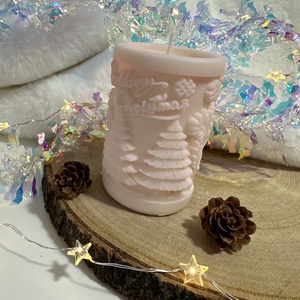 Karácsonyi Szójaviasz Henger Gyertya - Fehér/Púder - Meska.hu