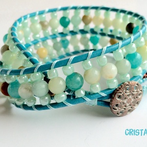 Amazonit türkiz bőr makramé wrap karkötő  -  - Meska.hu