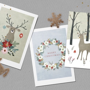 Karácsonyi képeslap, ünnepi üdvözlőlap, szarvasos, virágos, téli kártya, születésnap - karácsony - karácsonyi ajándékozás - karácsonyi képeslap, üdvözlőlap, ajándékkísérő - Meska.hu
