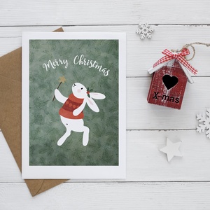 Karácsonyi képeslap, ünnepi üdvözlőlap, nyuszis téli kártya, Karácsony, Karácsonyi ajándékozás, Karácsonyi képeslap, üdvözlőlap, ajándékkísérő, Fotó, grafika, rajz, illusztráció, MESKA