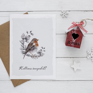 Karácsonyi képeslap, téli üdvözlőlap, vörösbegy grafikával, erdei állatos - karácsony - karácsonyi ajándékozás - karácsonyi képeslap, üdvözlőlap, ajándékkísérő - Meska.hu
