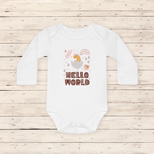 Hello World baba body, dinós megérkeztem body, kislánynak - ruha & divat - babaruha & gyerekruha - body - Meska.hu