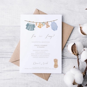 Babaváró, baba bejelentő meghívó, gender reveal party képeslap, baba nemét felfedő buli kártya, Otthon & Életmód, Papír, írószer, Meghívó, Ajándékozás kellékei, Fotó, grafika, rajz, illusztráció, MESKA