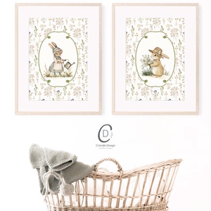 Nyuszi illusztrációs kép, vintage poszter, húsvéti falikép szett 2 db - baba - mama - babaszoba-dekoráció - babaszoba kép - Meska.hu