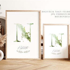 N betű, monogram, névnapi kép, dekoráció, akvarell falikép, személyre szóló - otthon & életmód - dekoráció - fali és függő dekoráció - betű & név - Meska.hu