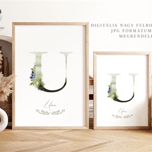 U betű, monogram, névnapi kép, dekoráció, akvarell falikép, személyre szóló - otthon & életmód - dekoráció - fali és függő dekoráció - betű & név - Meska.hu
