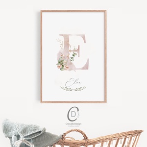E betű, monogram, névnapi kép, dekoráció, akvarell falikép, személyre szóló - otthon & életmód - dekoráció - fali és függő dekoráció - betű & név - Meska.hu