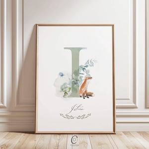 I betű, monogram, névnapi kép, dekoráció, akvarell falikép, személyre szóló, róka, Otthon & Életmód, Dekoráció, Fali és függő dekoráció, Betű & Név, Fotó, grafika, rajz, illusztráció, MESKA