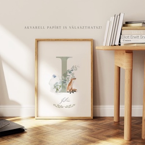I betű, monogram, névnapi kép, dekoráció, akvarell falikép, személyre szóló, róka - otthon & életmód - dekoráció - fali és függő dekoráció - betű & név - Meska.hu