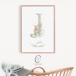 J betű, monogram poszter, névnapi kép, dekoráció, greenery falikép, erdei állatos - otthon & életmód - dekoráció - fali és függő dekoráció - betű & név - Meska.hu