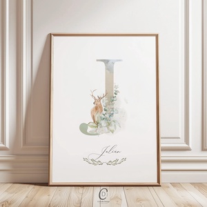 J betű, monogram poszter, névnapi kép, dekoráció, greenery falikép, erdei állatos, Otthon & Életmód, Dekoráció, Fali és függő dekoráció, Betű & Név, Fotó, grafika, rajz, illusztráció, MESKA