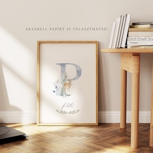 P betű, monogram, névnapi kép, dekoráció, greenery falikép, erdei állatos poszter - otthon & életmód - dekoráció - fali és függő dekoráció - betű & név - Meska.hu