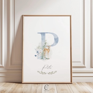 P betű, monogram, névnapi kép, dekoráció, greenery falikép, erdei állatos poszter, Otthon & Életmód, Dekoráció, Fali és függő dekoráció, Betű & Név, Fotó, grafika, rajz, illusztráció, MESKA