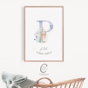 P betű, monogram, névnapi kép, dekoráció, greenery falikép, erdei állatos poszter - otthon & életmód - dekoráció - fali és függő dekoráció - betű & név - Meska.hu