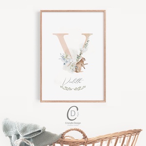 V betű, monogram, névnapi kép, dekoráció, greenery falikép, erdei állatos poszter - otthon & életmód - dekoráció - fali és függő dekoráció - betű & név - Meska.hu