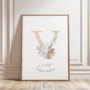 V betű, monogram, névnapi kép, dekoráció, greenery falikép, erdei állatos poszter, Otthon & Életmód, Dekoráció, Fali és függő dekoráció, Betű & Név, Fotó, grafika, rajz, illusztráció, MESKA