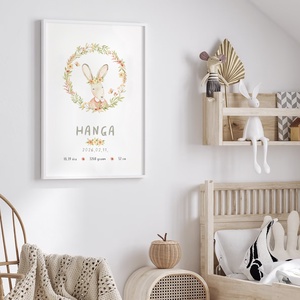 Megérkeztem baba poszter, megszülettem adatok, nyuszis keresztelő ajándék - baba - mama - babaszoba dekoráció - babaposzter - Meska.hu
