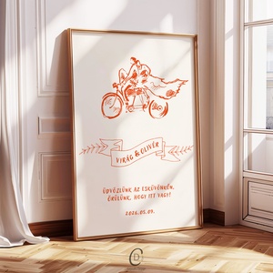 Esküvői üdvözlő tábla, vendégköszöntő, biciklis vendégváró poszter - esküvő - dekoráció - tábla & jelzés - Meska.hu